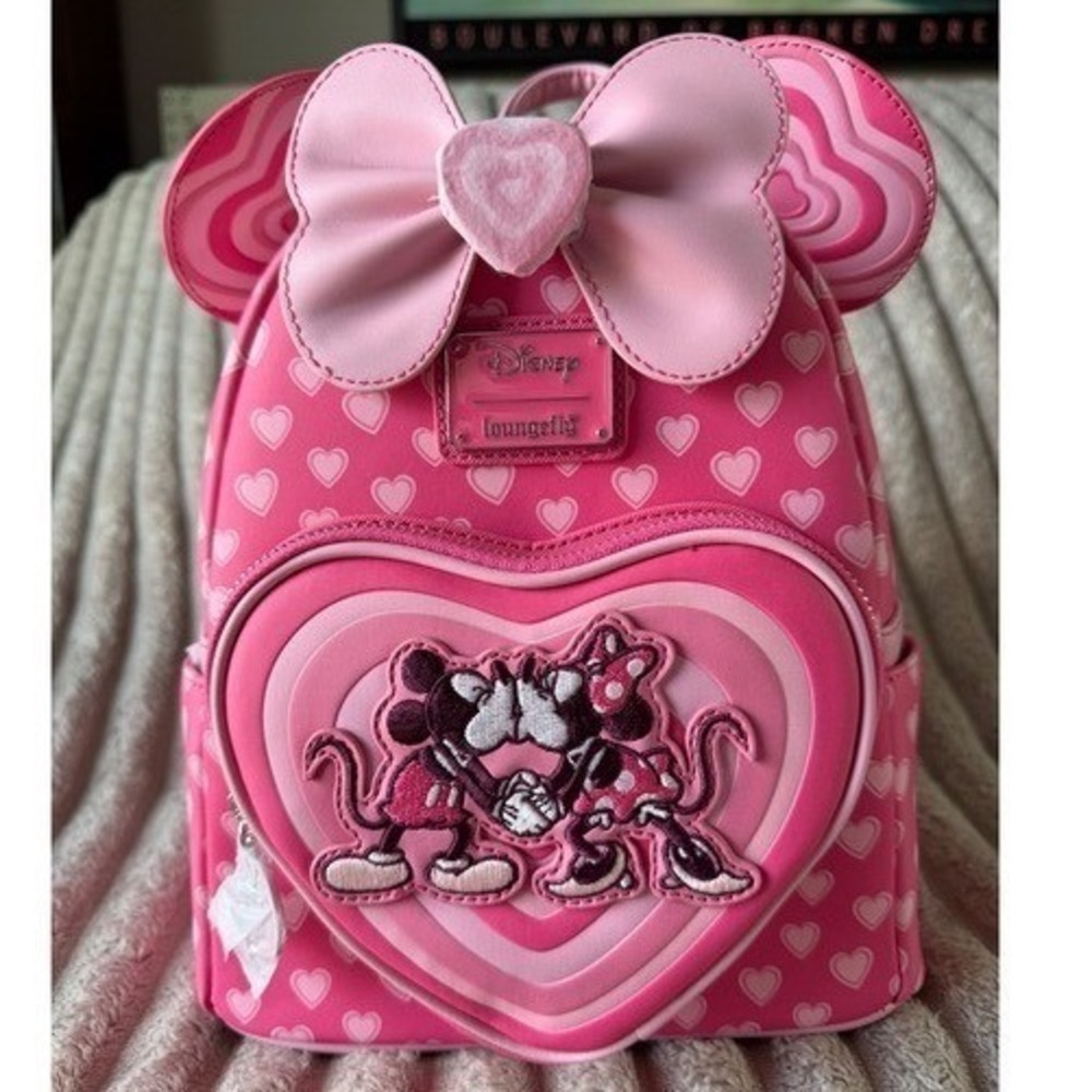 Disney Loungefly Mickey Minnie Mouse Love Story Pink Heart Mini Backpack NWT